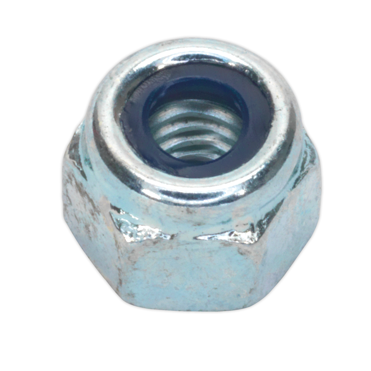 Close-up of a single Sealey Nylon Locknut M5 with internal threading, featuring a blue nylon insert for locking, conforming to DIN 982 standards.