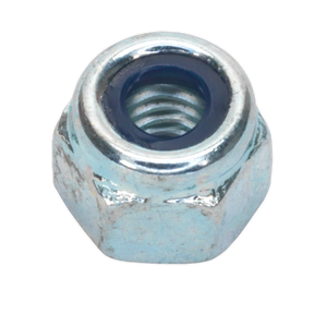 Close-up of a single Sealey Nylon Locknut M5 with internal threading, featuring a blue nylon insert for locking, conforming to DIN 982 standards.
