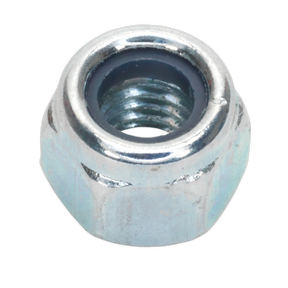 Close-up image of a Sealey Nylon Locknut M6 Zinc with black insert, from a pack of 100 (model NLN6), conforming to DIN 982 standards.