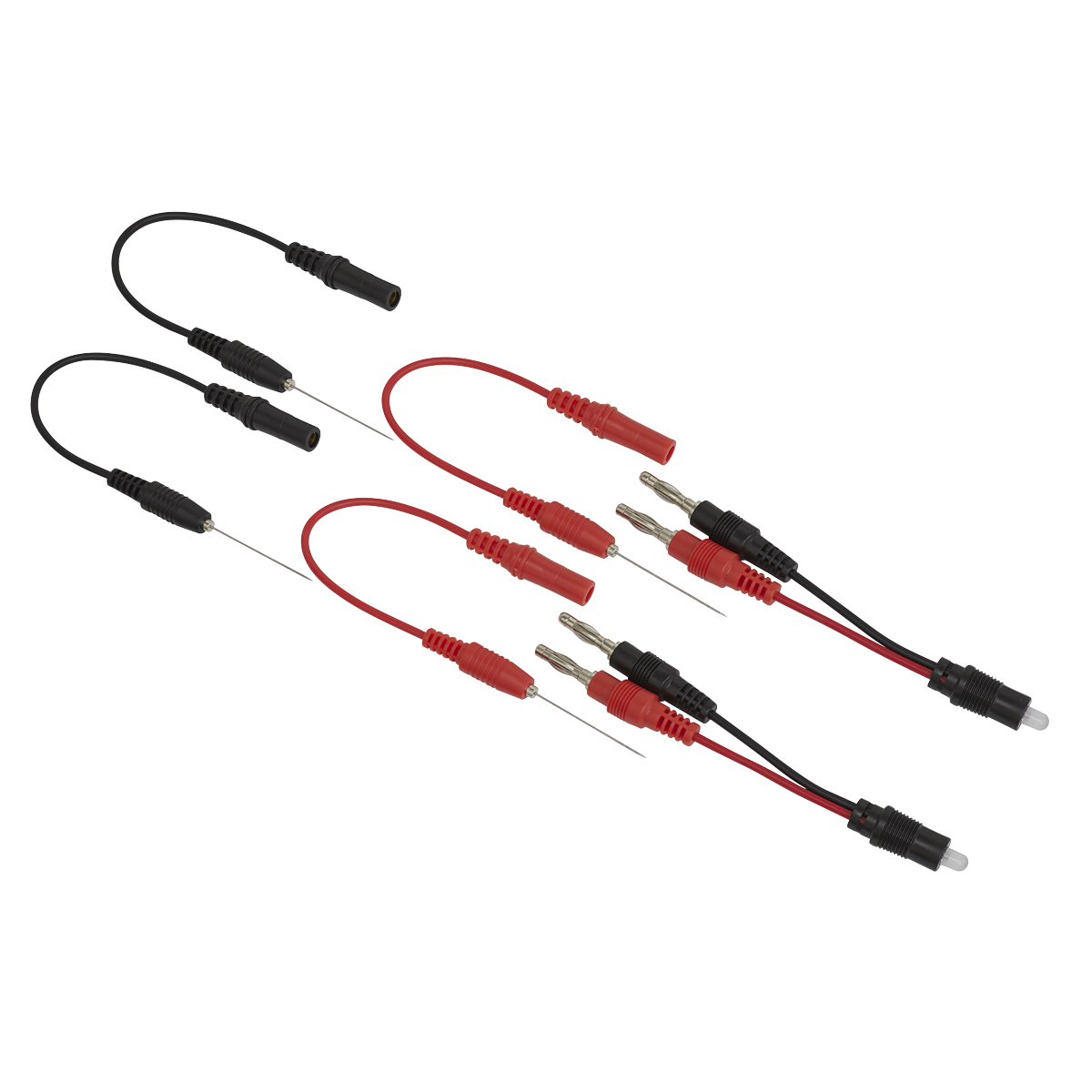 Image showing the Sealey Noid Light Test Lead Set 6pc - NLTS01, featuring six black and red multimeter probes equipped with various connectors including banana plugs, alligator clips, and needle tips. Ideal for diagnostic testing in applications such as automotive 12V actuators.