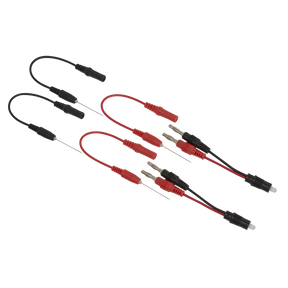 Image showing the Sealey Noid Light Test Lead Set 6pc - NLTS01, featuring six black and red multimeter probes equipped with various connectors including banana plugs, alligator clips, and needle tips. Ideal for diagnostic testing in applications such as automotive 12V actuators.