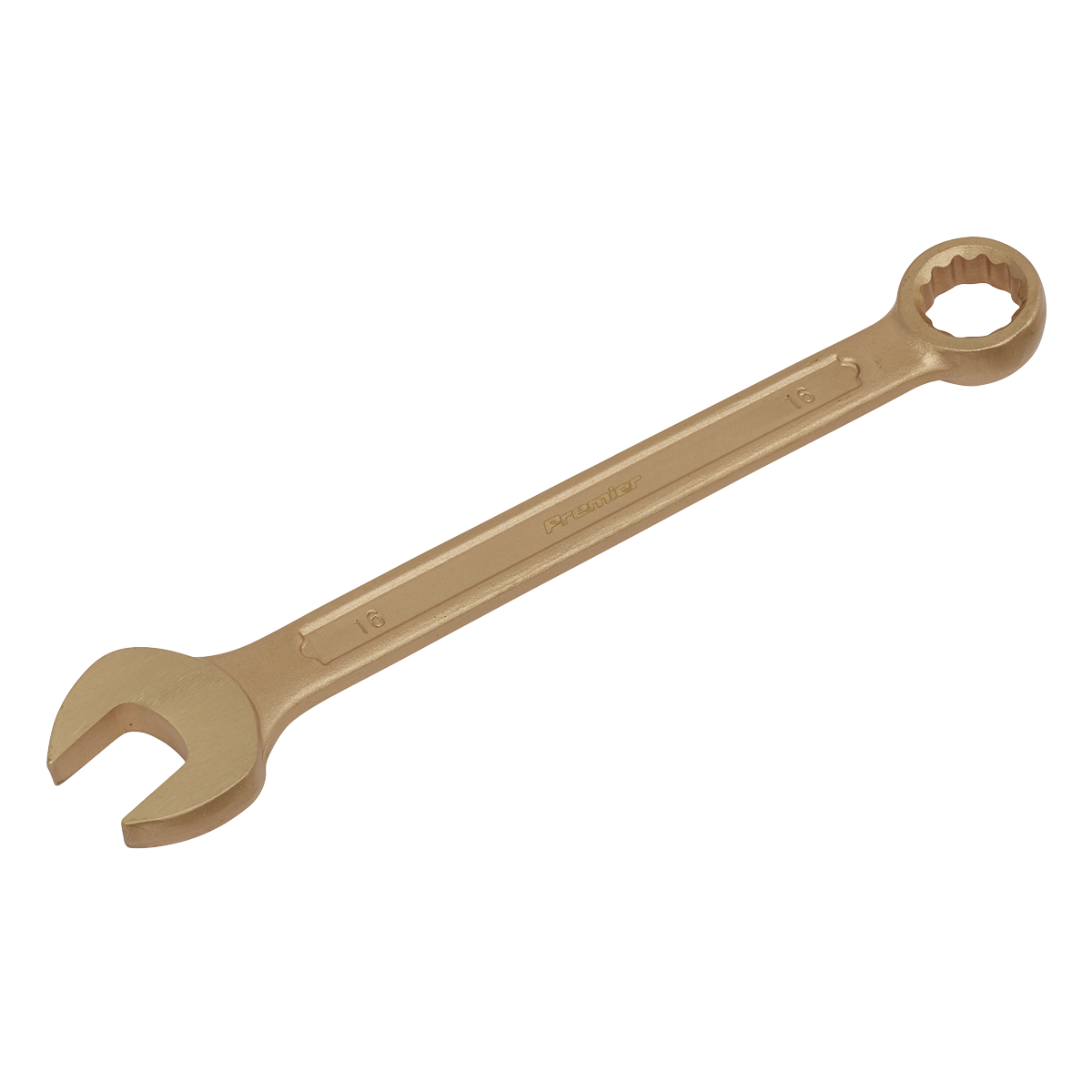 The Sealey Combination Spanner 16mm - Non-Sparking - NS007 is a gold-colored crescent wrench made from Beryllium Copper, featuring an open-end side and a WallDrive® ring combination side, marked with the number 16 in the center. It's perfect for those seeking premier non-sparking safety tools.