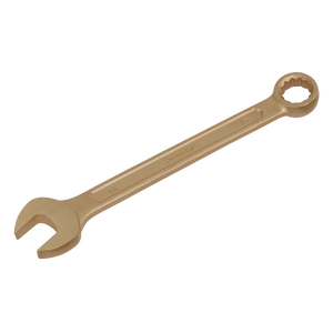 The Sealey Combination Spanner 16mm - Non-Sparking - NS007 is a gold-colored crescent wrench made from Beryllium Copper, featuring an open-end side and a WallDrive® ring combination side, marked with the number 16 in the center. It's perfect for those seeking premier non-sparking safety tools.