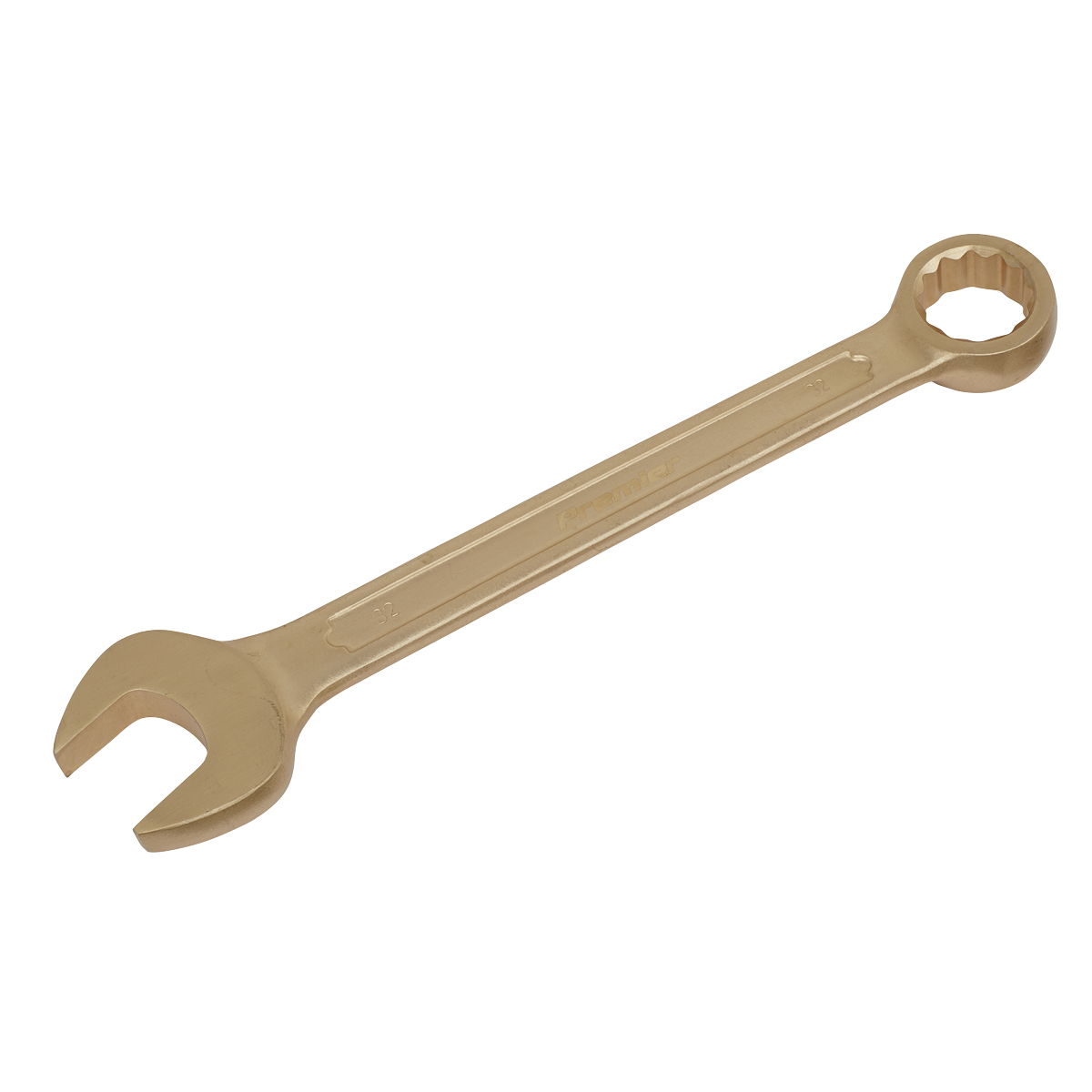 The Sealey Combination Spanner 32mm - Non-Sparking - NS014 features an open-end and a box-end designed for tightening or loosening nuts and bolts. Constructed from beryllium copper to ensure non-sparking safety, it comes with a lifetime guarantee.