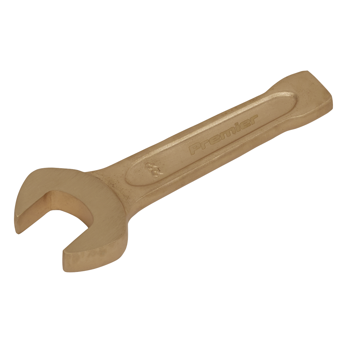 A professional-grade, bronze-colored Slogging Spanner Open-End 22mm from Sealey, made of Beryllium Copper and featuring the inscription "Premier" on the handle, ideal for environments requiring Non-Sparking Safety Tools. Product code: NS017.