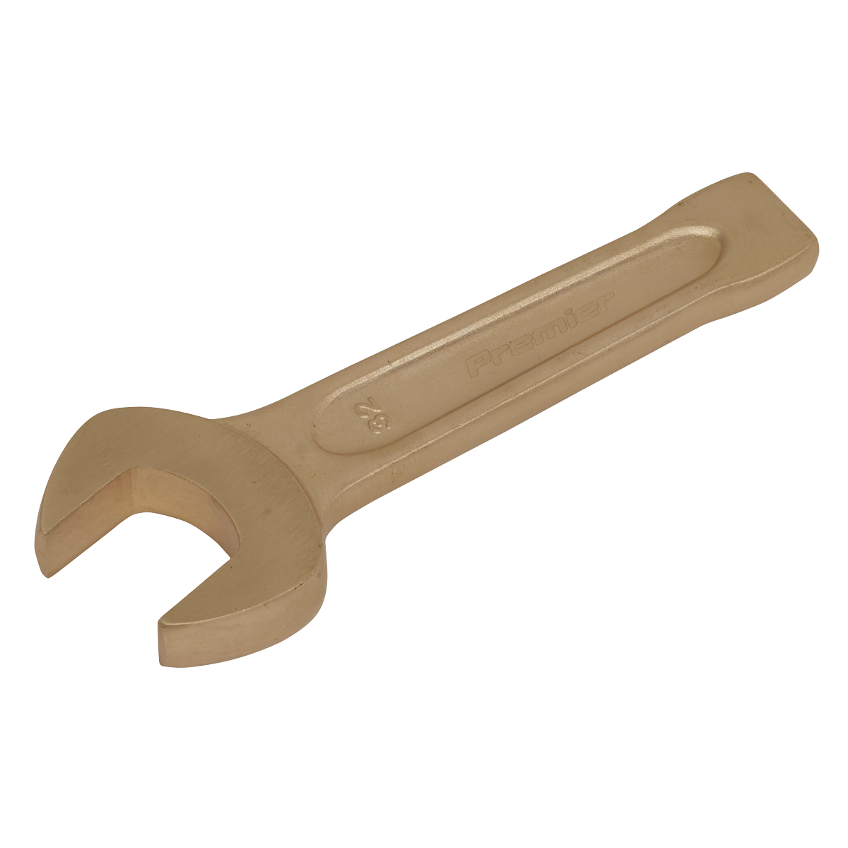 The Sealey Slogging Spanner Open-End 32mm - Non-Sparking - NS021 is a professional-grade tool crafted from Beryllium Copper, ideal for hazardous environments. This wrench features a flat handle and stands out as one of the premier non-sparking safety tools in its category.