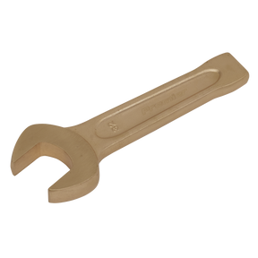 The Sealey Slogging Spanner Open-End 32mm - Non-Sparking - NS021 is a professional-grade tool crafted from Beryllium Copper, ideal for hazardous environments. This wrench features a flat handle and stands out as one of the premier non-sparking safety tools in its category.