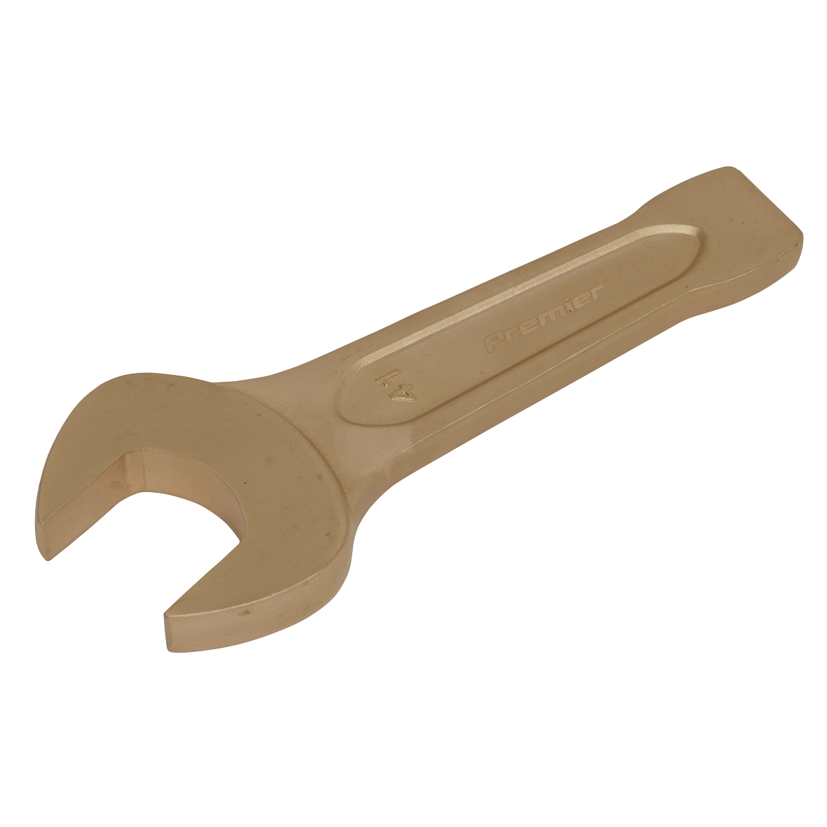 A beige Sealey Slogging Spanner Open-End 41mm - Non-Sparking - NS023 designed for professional use, featuring a wide handle and crafted from beryllium copper to ensure non-sparking safety, against a white background.