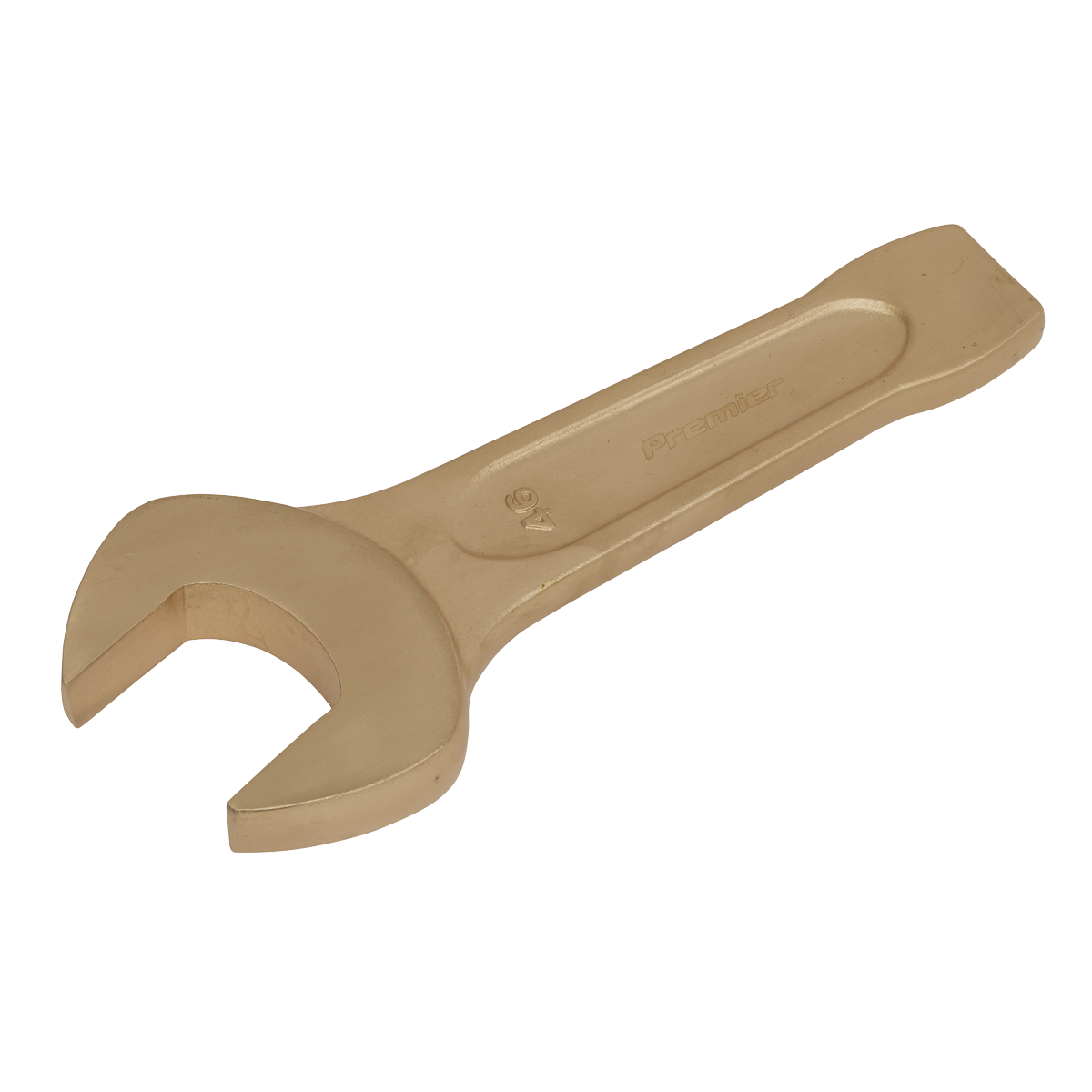 A Sealey Slogging Spanner Open-End 46mm, non-sparking and crafted from Beryllium Copper, features a brass-like finish with "premier" elegantly engraved on its handle. This tool is expertly designed for gripping and turning nuts or bolts, ensuring safety in hazardous environments and offering a lifetime guarantee.