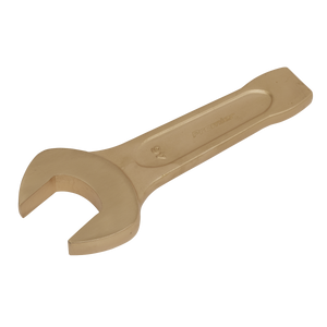 A Sealey Slogging Spanner Open-End 46mm, non-sparking and crafted from Beryllium Copper, features a brass-like finish with "premier" elegantly engraved on its handle. This tool is expertly designed for gripping and turning nuts or bolts, ensuring safety in hazardous environments and offering a lifetime guarantee.