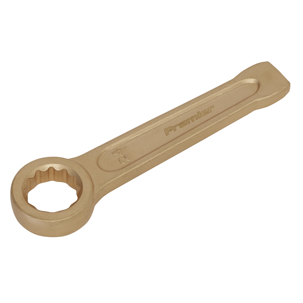 The Sealey Slogging Spanner Ring End 24mm - Non-Sparking - NS029 is a professional-grade tool made from Beryllium Copper, designed with an open ring end and a flat handle. This high-quality wrench features non-sparking properties and is inscribed with "Premier" and "24", making it ideal for professional use in environments where safety is paramount.