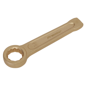 The Sealey Slogging Spanner Ring End 24mm - Non-Sparking - NS029 is a professional-grade tool made from Beryllium Copper, designed with an open ring end and a flat handle. This high-quality wrench features non-sparking properties and is inscribed with "Premier" and "24", making it ideal for professional use in environments where safety is paramount.