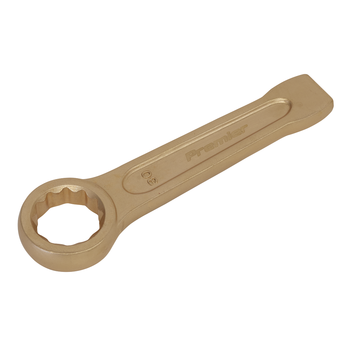 A gold-colored Slogging Spanner Ring End 30mm made from Beryllium Copper with the brand name "Sealey" engraved on the handle, shown on a white background. Ideal for professional use, this tool is part of Sealey's Non-Sparking Safety Tools line, specifically model NS031.