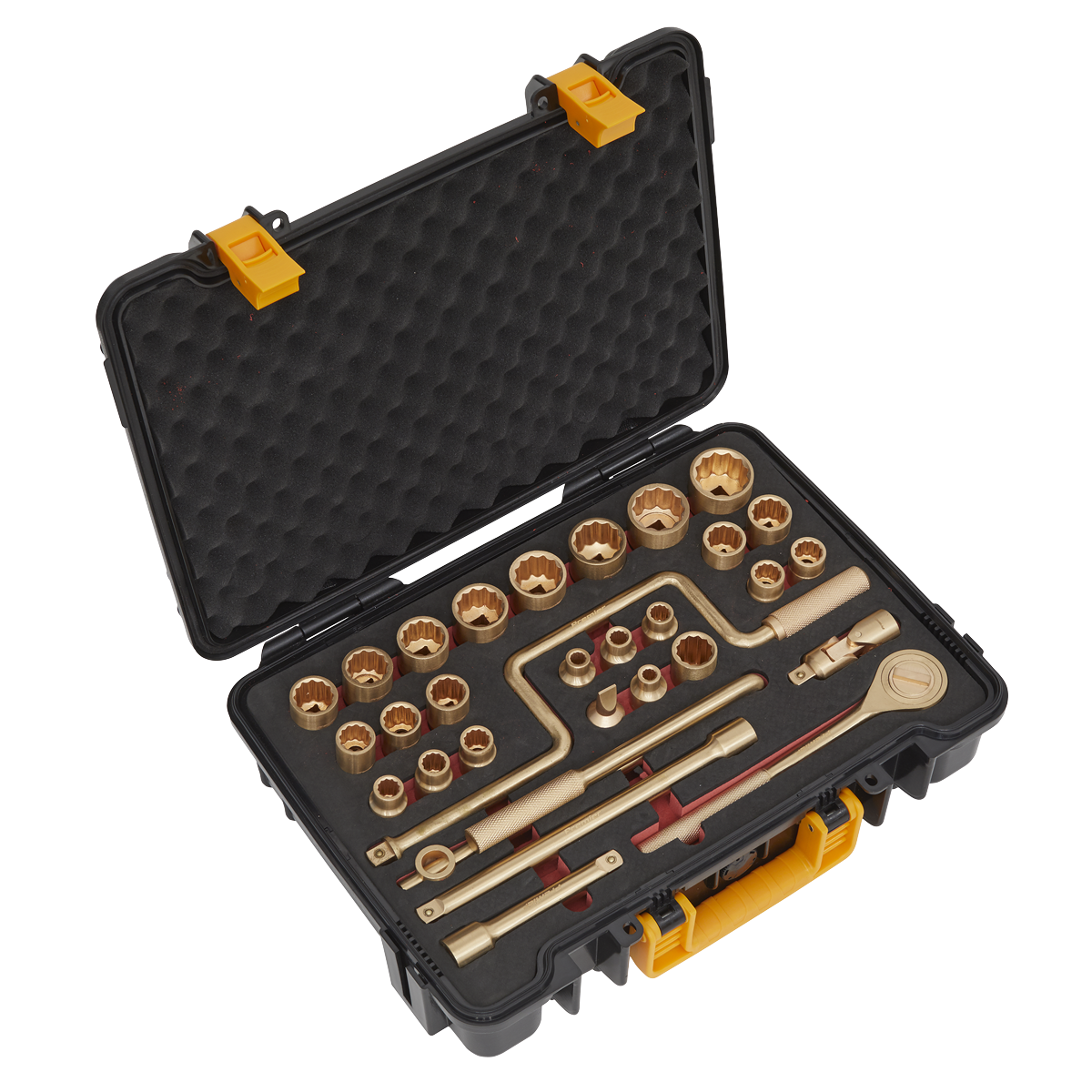 A black and yellow tool case containing the 31-piece 1/2" square drive Socket Set from Sealey, including various non-sparking Beryllium Copper socket wrenches and attachments organized in foam compartments for professional use.