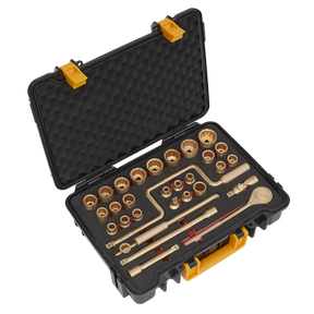 A black and yellow tool case containing the 31-piece 1/2" square drive Socket Set from Sealey, including various non-sparking Beryllium Copper socket wrenches and attachments organized in foam compartments for professional use.