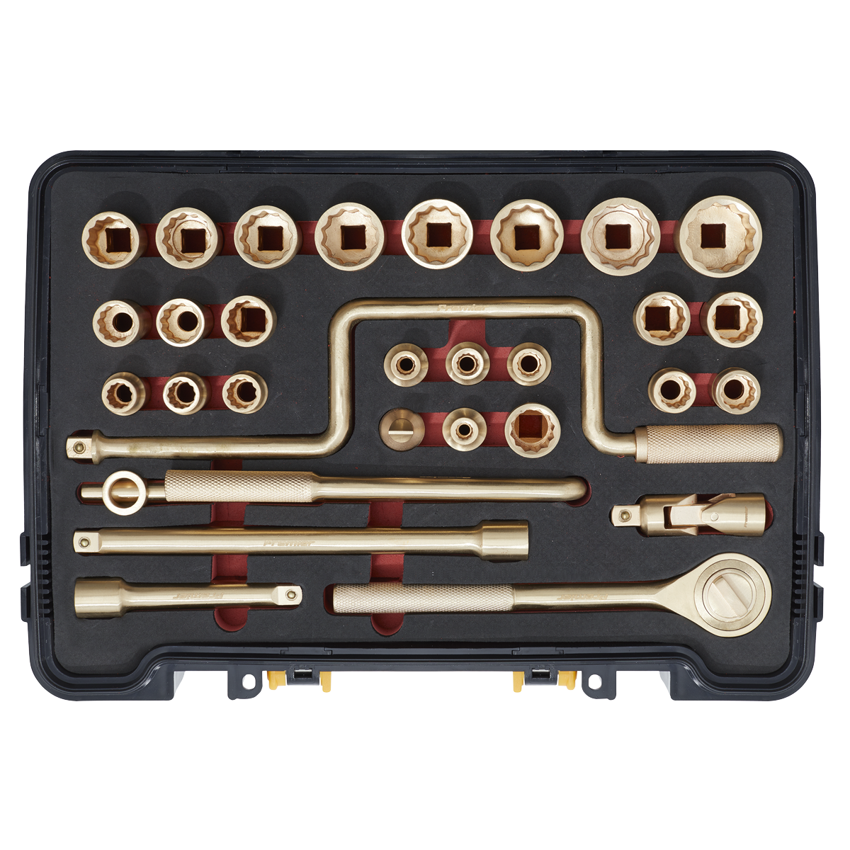 The Sealey Socket Set 31pc 1/2"Sq Drive - Non-Sparking - NS039 comes in a black carrying case with foam cutouts, containing a complete set of beryllium copper socket wrenches, ratchets, and various extensions. Ideal for professional use, these non-sparking safety tools provide reliability and precision in hazardous environments.