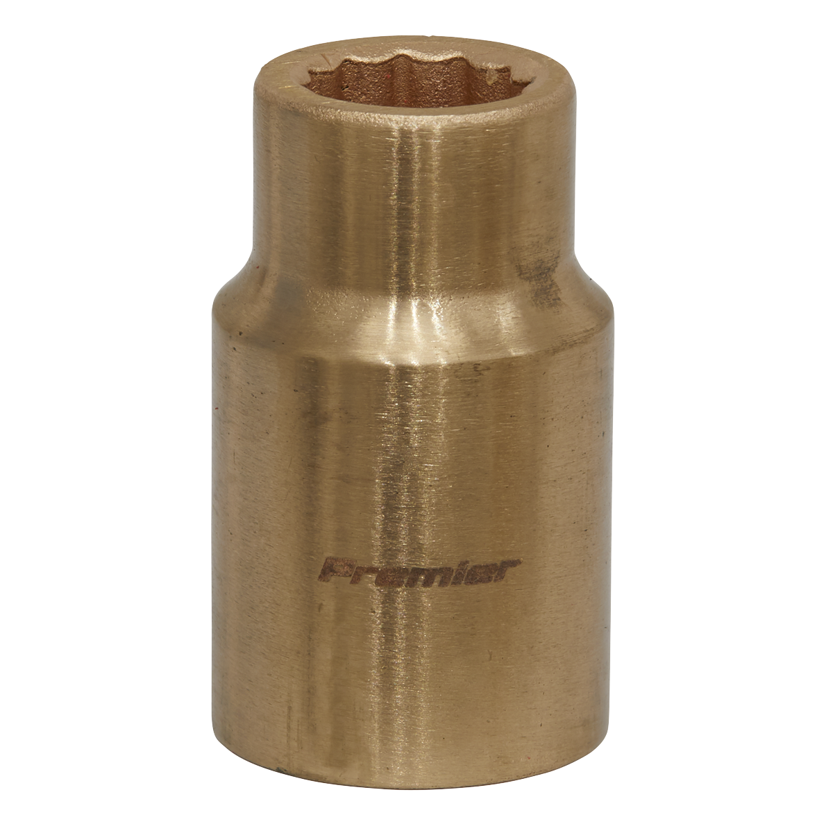 A bronze-colored Sealey WallDrive® 12-point socket, made from beryllium copper with "Premier" engraved on it, designed for tightening or loosening bolts and nuts, model NS045 (12mm 1/2" Sq Drive).