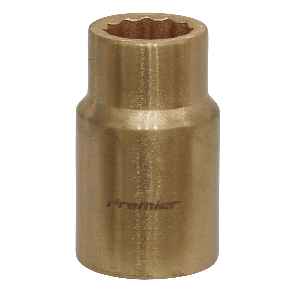 A brass Sealey WallDrive® socket, model NS046, with a 13mm 1/2" square drive. It features a cylindrical shape and an internal hexagonal pattern at one end, ensuring a secure fit.