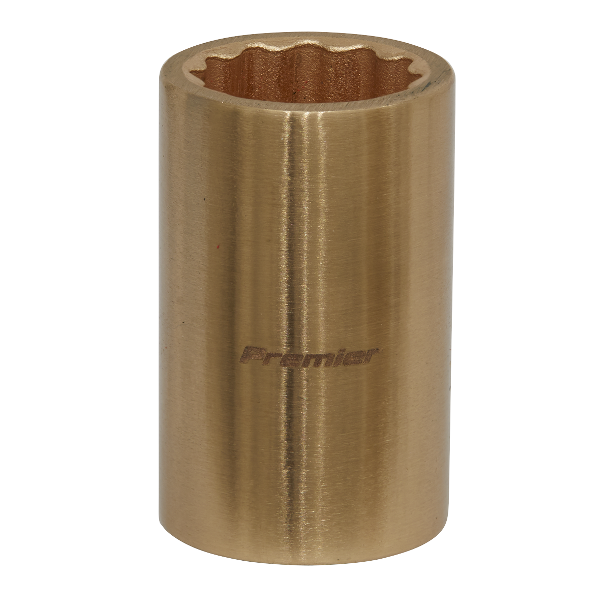 A cylindrical, metallic Sealey Socket 17mm 1/2"Sq Drive - Non-Sparking WallDrive® NS050 with the word "Premier" engraved on it, featuring grooved internal edges designed to fit onto bolt heads for tightening or loosening.