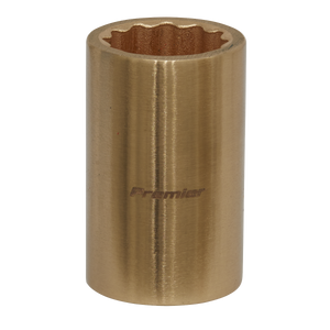 A cylindrical, metallic Sealey Socket 17mm 1/2"Sq Drive - Non-Sparking WallDrive® NS050 with the word "Premier" engraved on it, featuring grooved internal edges designed to fit onto bolt heads for tightening or loosening.