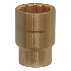 The Sealey Socket 22mm 1/2"Sq Drive - Non-Sparking WallDrive® - NS055 is a cylindrical metal socket wrench with branded engraving on its side. It features a series of internal notches that ensure a secure grip on nuts or bolts, making it ideal for use in hazardous environments due to its non-sparking safety design.