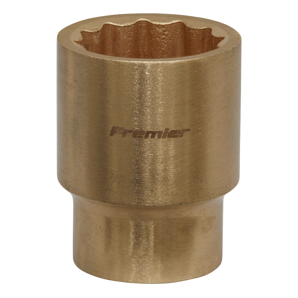 Close-up of a Sealey Socket 24mm 1/2"Sq Drive - Non-Sparking WallDrive® - NS057 with the word "Premier" engraved on its surface. The beryllium copper socket has a cylindrical shape with a notched interior, designed for gripping hexagonal fasteners and providing non-sparking safety in hazardous environments.