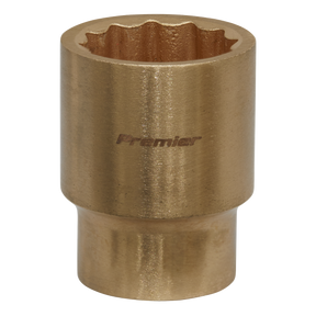 Close-up of a Sealey Socket 24mm 1/2"Sq Drive - Non-Sparking WallDrive® - NS057 with the word "Premier" engraved on its surface. The beryllium copper socket has a cylindrical shape with a notched interior, designed for gripping hexagonal fasteners and providing non-sparking safety in hazardous environments.