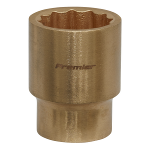 Close-up of a Sealey Socket 24mm 1/2"Sq Drive - Non-Sparking WallDrive® - NS057 with the word "Premier" engraved on its surface. The beryllium copper socket has a cylindrical shape with a notched interior, designed for gripping hexagonal fasteners and providing non-sparking safety in hazardous environments.