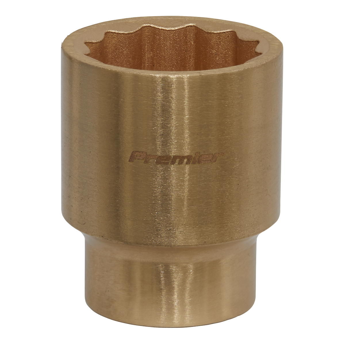 A close-up of a Sealey brand Socket 28mm 1/2"Sq Drive - Non-Sparking WallDrive® - NS060 with a twelve-point design. The cylindrical socket, crafted from Beryllium Copper for non-sparking safety, features a wide opening at one end and a narrower base.