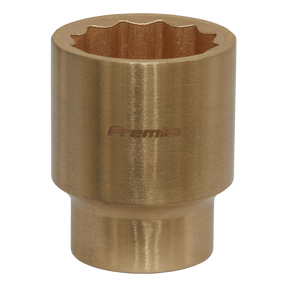 A close-up of a Sealey brand Socket 28mm 1/2"Sq Drive - Non-Sparking WallDrive® - NS060 with a twelve-point design. The cylindrical socket, crafted from Beryllium Copper for non-sparking safety, features a wide opening at one end and a narrower base.