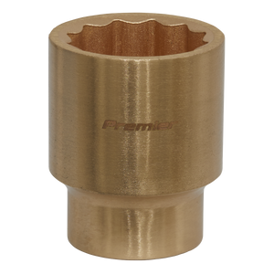 A close-up of a Sealey brand Socket 28mm 1/2"Sq Drive - Non-Sparking WallDrive® - NS060 with a twelve-point design. The cylindrical socket, crafted from Beryllium Copper for non-sparking safety, features a wide opening at one end and a narrower base.