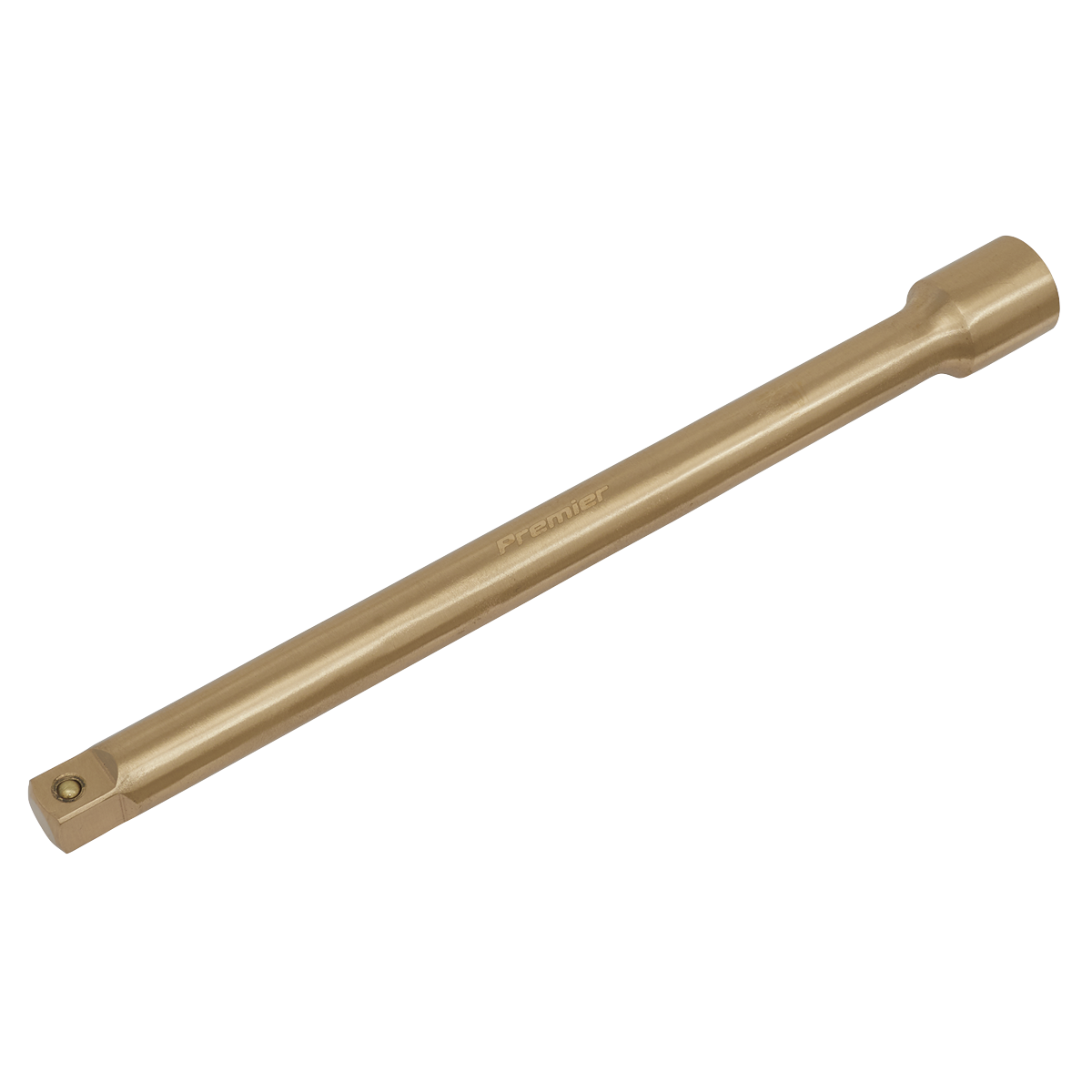 The Sealey Extension Bar 1/2"Sq Drive 250mm - Non-Sparking (NS064) is a bronze-colored, elongated metal tool made from Beryllium Copper. It features a square end and a rounded handle end, with "Premier" engraved on the surface. Ideal for professional use, this premier non-sparking safety tool ensures safety in hazardous environments.