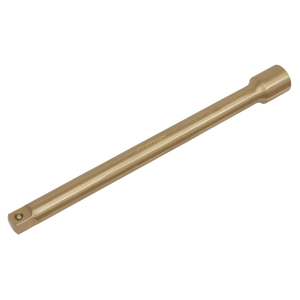 The Sealey Extension Bar 1/2"Sq Drive 250mm - Non-Sparking (NS064) is a bronze-colored, elongated metal tool made from Beryllium Copper. It features a square end and a rounded handle end, with "Premier" engraved on the surface. Ideal for professional use, this premier non-sparking safety tool ensures safety in hazardous environments.