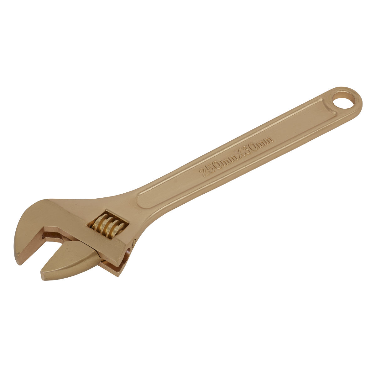 A gold-colored, non-sparking beryllium copper adjustable wrench (250mm) with a hole at the handle's end, branded as Sealey's NS067.