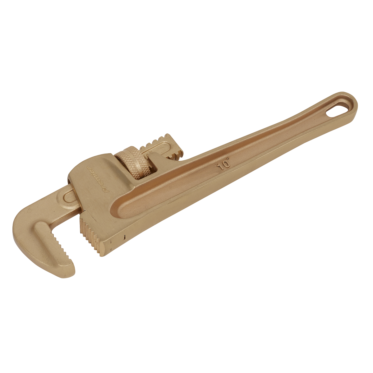 A brass-colored, 250mm adjustable pipe wrench with "10" engraved on the handle, crafted from Beryllium Copper for professional use; part of the Sealey Non-Sparking range (NS069).