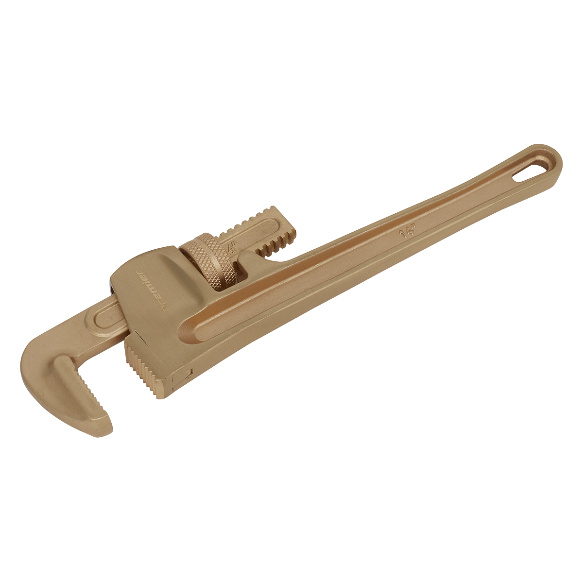 The Sealey Pipe Wrench 350mm - Non-Sparking - NS071 features a metallic adjustable jaw and a looped handle for easy gripping and hanging, making it ideal for professional use in environments requiring Non-Sparking Safety Tools.