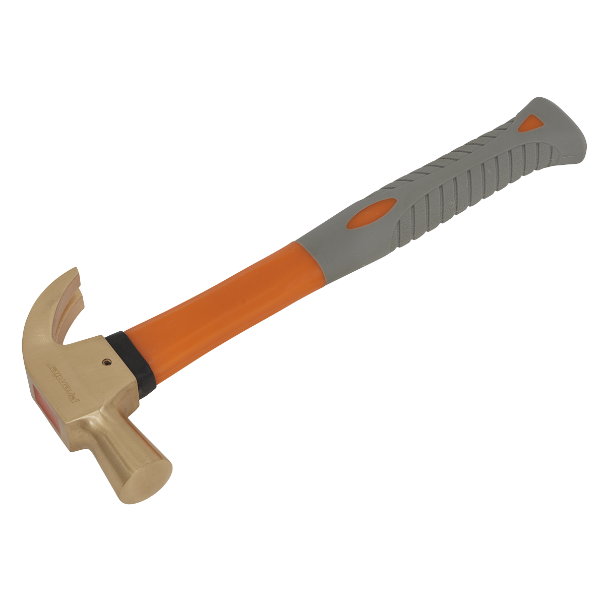 The Sealey Claw Hammer 16oz - Non-Sparking - NS076 features an orange and gray design with a brass head and a shock-absorbing rubber grip, making it ideal for Non-Sparking Safety Tools.