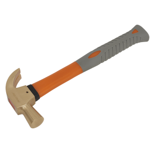 The Sealey Claw Hammer 16oz - Non-Sparking - NS076 features an orange and gray design with a brass head and a shock-absorbing rubber grip, making it ideal for Non-Sparking Safety Tools.