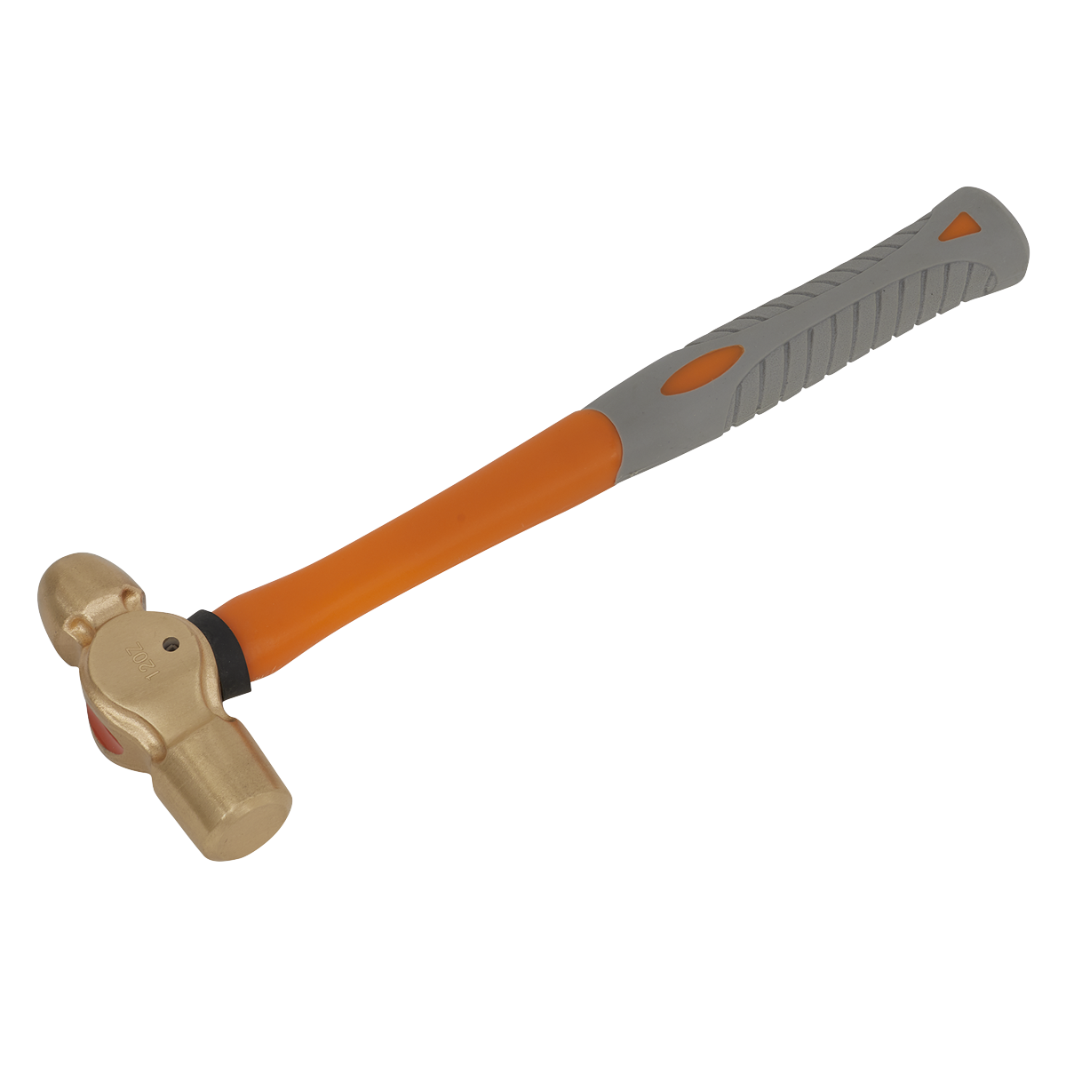 The Ball Pein Hammer 12oz - Non-Sparking - NS083 by Sealey has a Beryllium Copper head and an orange and gray ergonomic handle, complete with a shock-absorbing rubber grip.