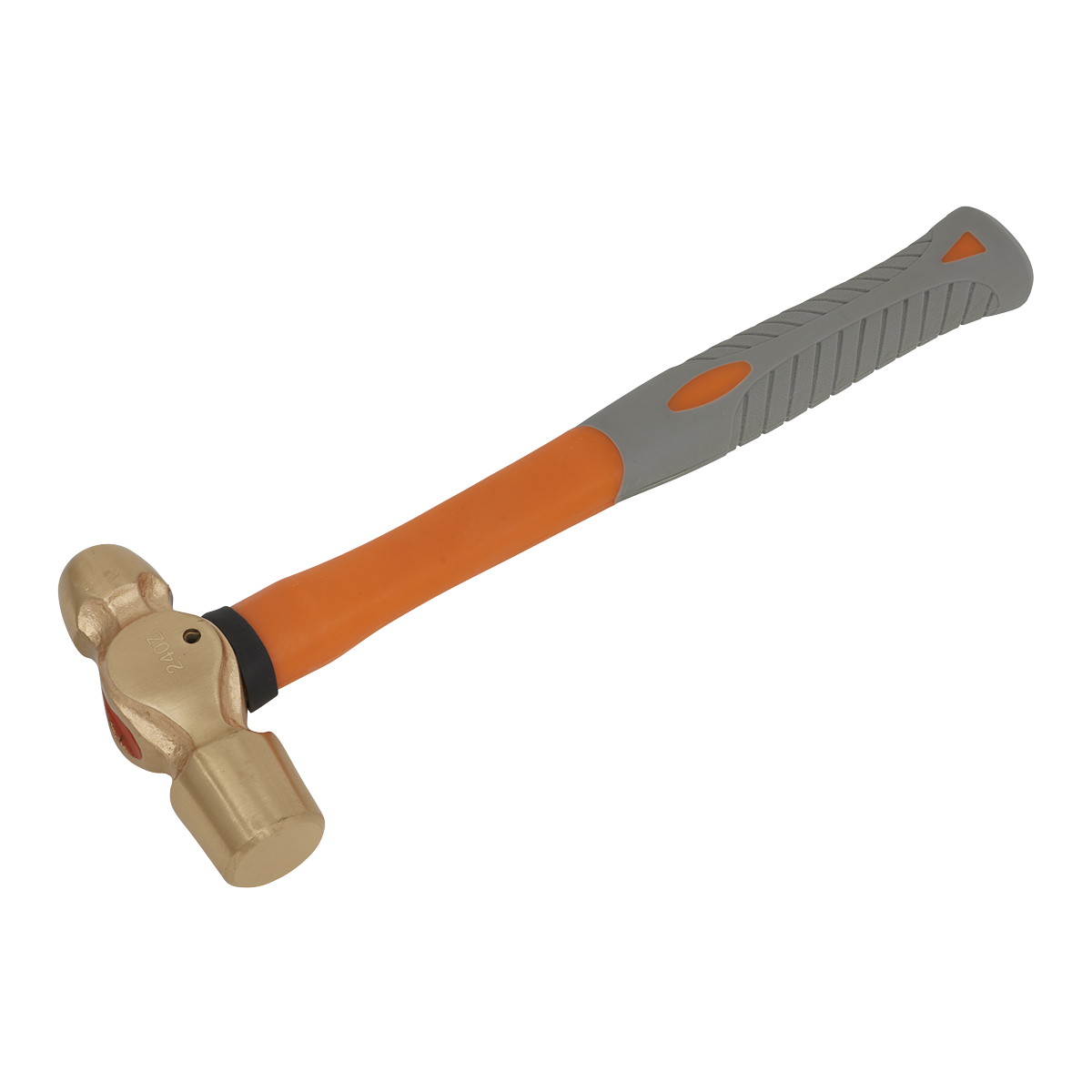 The Sealey Ball Pein Hammer 24oz - Non-Sparking - NS085 is designed for professional use, featuring a gray and orange handle with a Beryllium Copper head. Its rubber grip provides added comfort, making it an ideal choice among non-sparking safety tools.