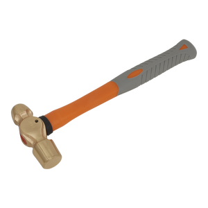 The Sealey Ball Pein Hammer 24oz - Non-Sparking - NS085 is designed for professional use, featuring a gray and orange handle with a Beryllium Copper head. Its rubber grip provides added comfort, making it an ideal choice among non-sparking safety tools.