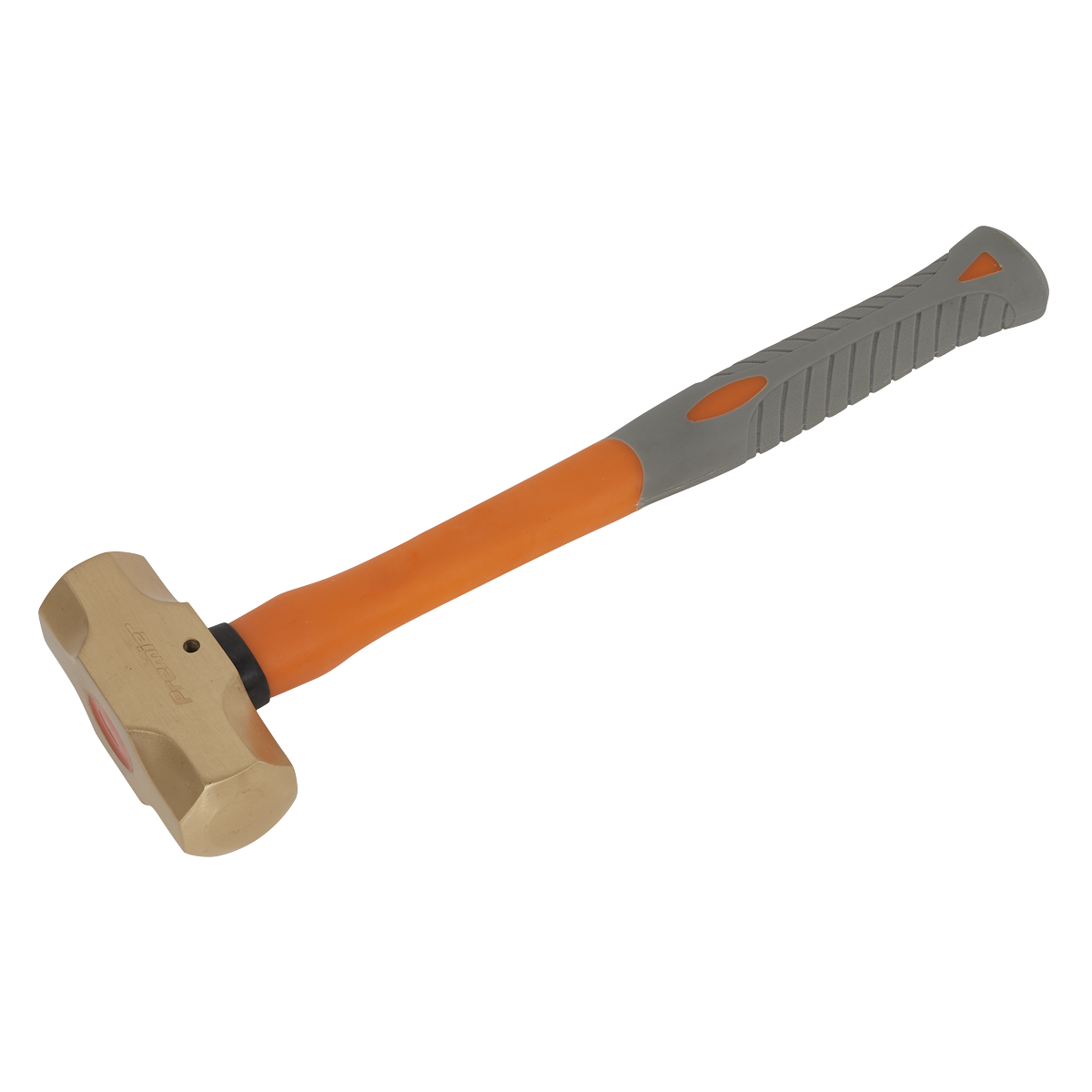 This image showcases the Sealey Sledge Hammer 2.2lb - Non-Sparking - NS087, featuring a sturdy metal head and a dual-colored handle with vibrant orange and gray accents. The design includes a shock-absorbing rubber grip to enhance safety during use.