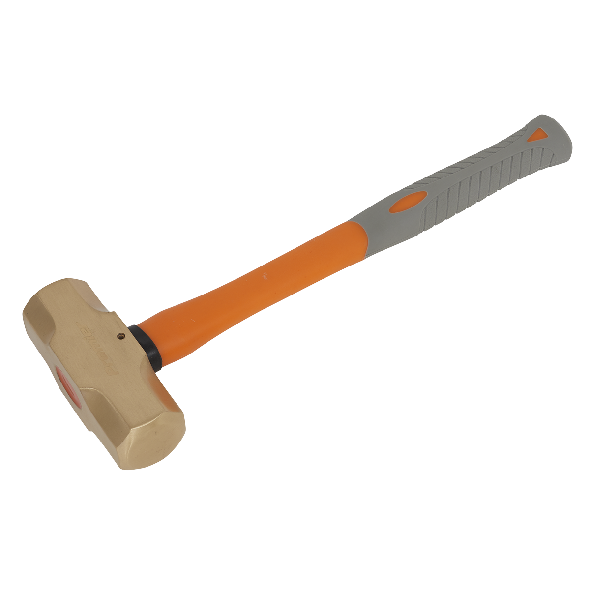 The Sealey Sledge Hammer 4.4lb - Non-Sparking - NS089 features an orange handle, a shock-absorbing rubber grip for enhanced comfort, and a brass head.