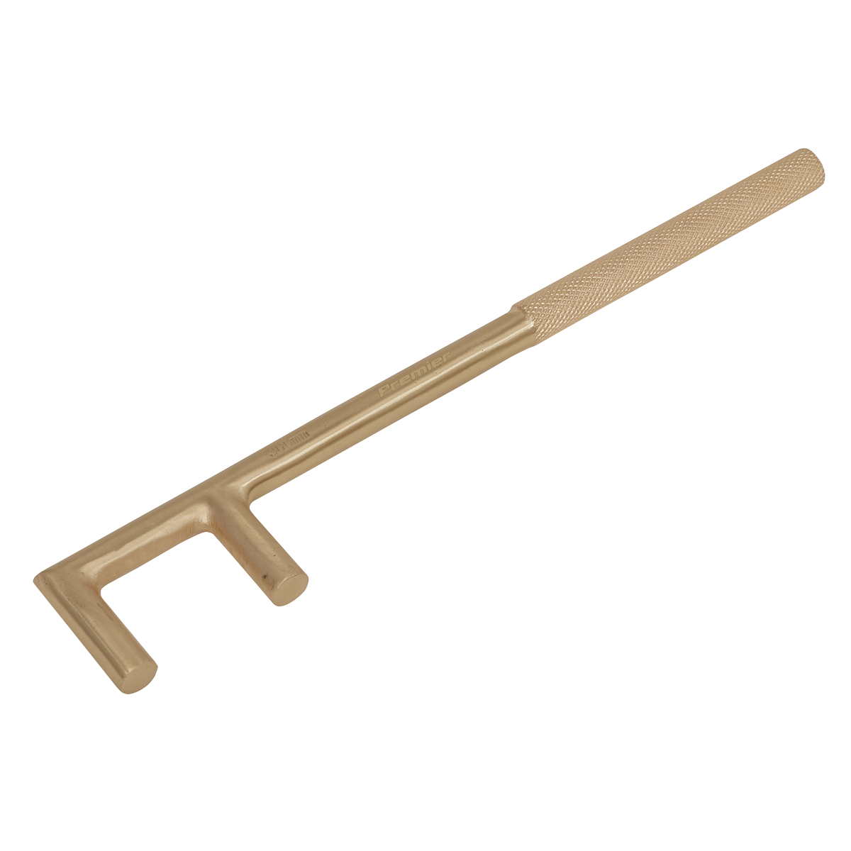 The Sealey Valve Handle 40 x 300mm - Non-Sparking - NS101 is an angled, bronze-colored tool made of beryllium copper, featuring a textured grip handle and two prongs at the end, making it ideal for professional use.