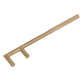 The Sealey Valve Handle 40 x 300mm - Non-Sparking - NS101 is an angled, bronze-colored tool made of beryllium copper, featuring a textured grip handle and two prongs at the end, making it ideal for professional use.