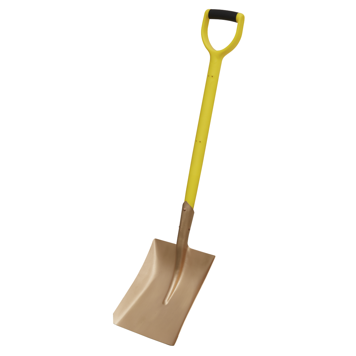 The Square Shovel 240 x 418 x 990mm - Non-Sparking - NS106 by Sealey features a yellow handle and a flat beryllium copper blade designed for scooping and moving materials, and comes with a lifetime guarantee.