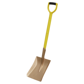 The Square Shovel 240 x 418 x 990mm - Non-Sparking - NS106 by Sealey features a yellow handle and a flat beryllium copper blade designed for scooping and moving materials, and comes with a lifetime guarantee.