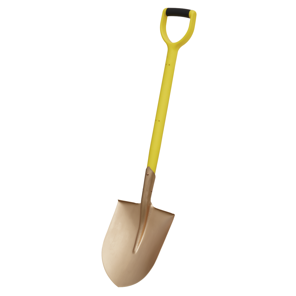 The Sealey Round Point Shovel 240 x 420 x 990mm - Non-Sparking - NS107 is a premier non-sparking safety tool, featuring a beryllium copper head, a durable hardwood shaft, and a yellow handle with a D-shaped grip, all set against a white background.