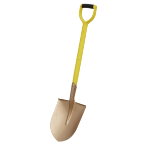 The Sealey Round Point Shovel 240 x 420 x 990mm - Non-Sparking - NS107 is a premier non-sparking safety tool, featuring a beryllium copper head, a durable hardwood shaft, and a yellow handle with a D-shaped grip, all set against a white background.