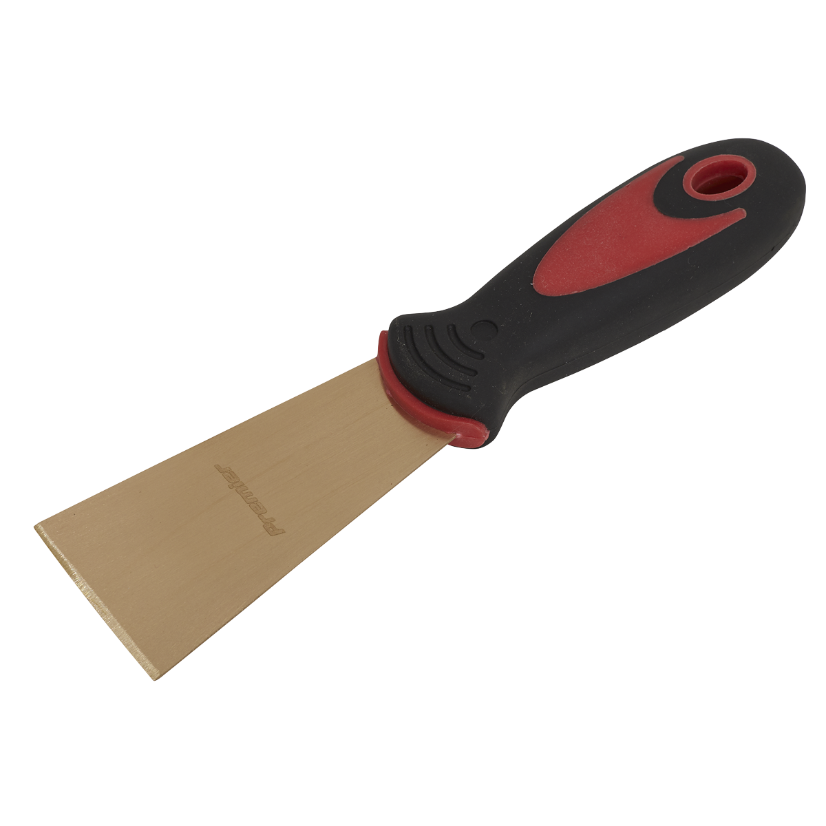 The Sealey Scraper 50 x 200mm - Non-Sparking - NS108 features a wide, flat blade and a black and red ergonomic handle, designed specifically for professional use in removing paint or debris.